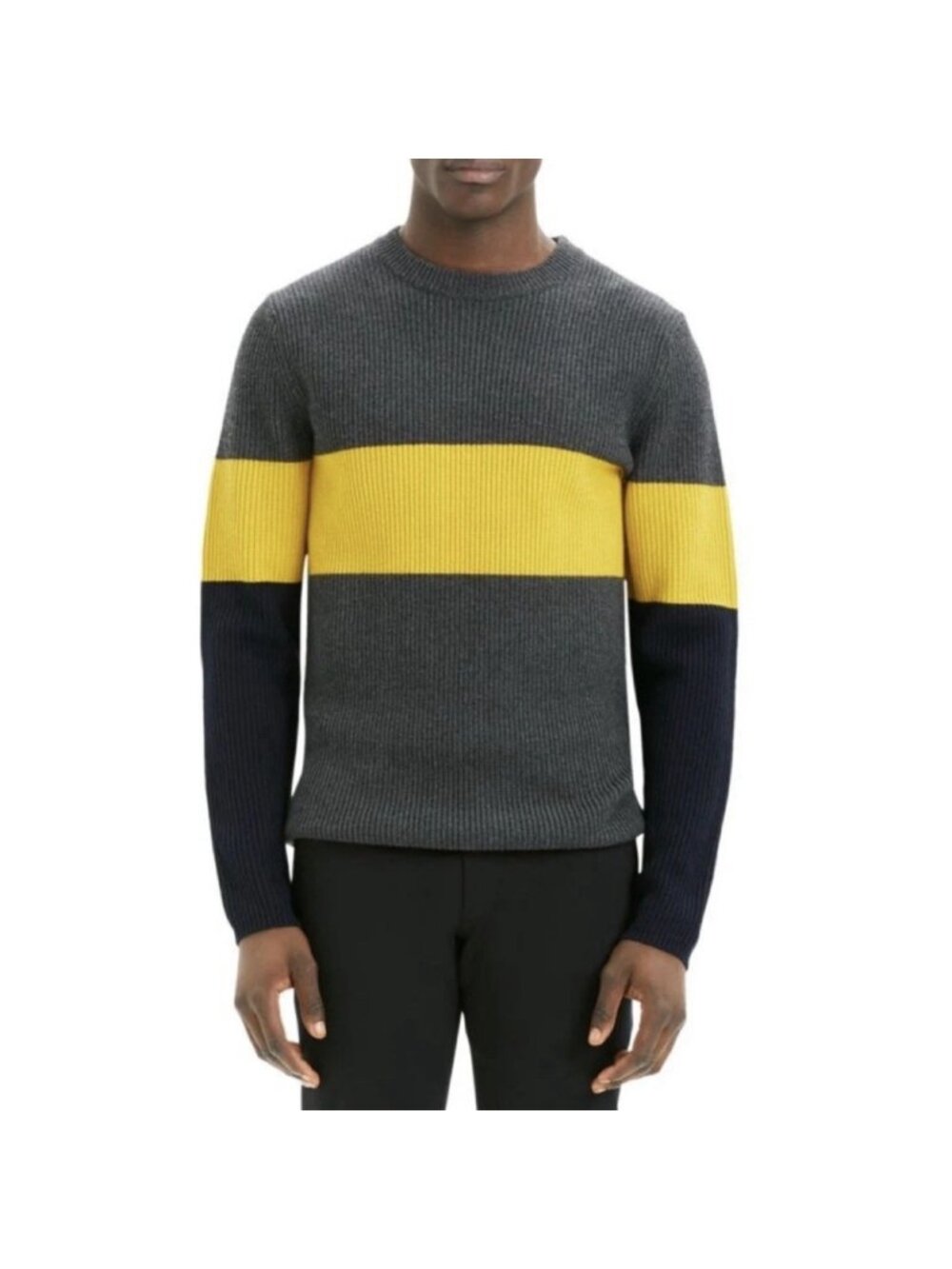 NEW Theory Gray Zoren Merino Wool Striped Crew Neck Ribbed Sweater Men’s Size XL
